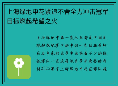 上海绿地申花紧追不舍全力冲击冠军目标燃起希望之火