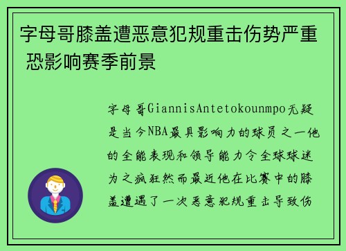 字母哥膝盖遭恶意犯规重击伤势严重 恐影响赛季前景