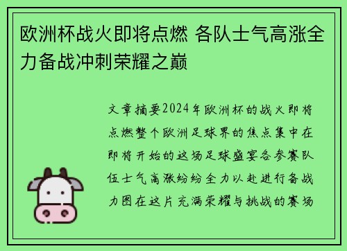 欧洲杯战火即将点燃 各队士气高涨全力备战冲刺荣耀之巅