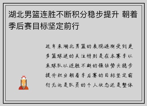 湖北男篮连胜不断积分稳步提升 朝着季后赛目标坚定前行