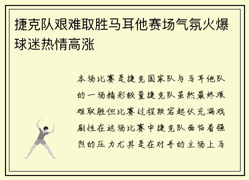 捷克队艰难取胜马耳他赛场气氛火爆球迷热情高涨